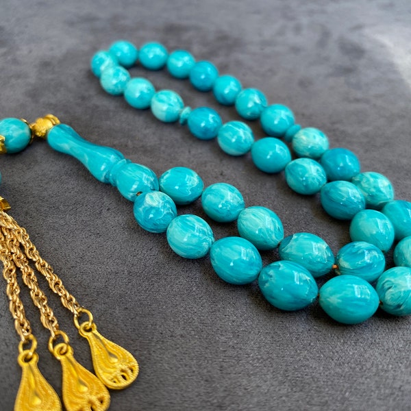 Turquoise Cataline Muslim Rosary with Gilded Tassel, Elegant Ottoman Tesbih, Muslim Gift, Tesbih, Bakelite, Rosenkranz, مسبحة,