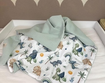 Baby blanket, little dinosaur, waffle pique, mint green