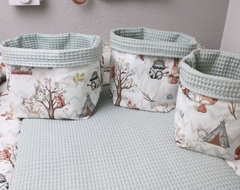 Storage basket with woodland animals, waffle pique, mint green