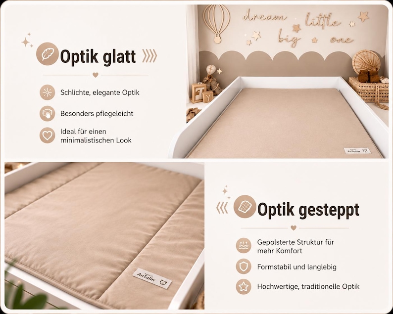 May include: A beige baby changing pad with a quilted design, set within a white changing table. The pad has a smooth, elegant look and is easy to care for. The text "Optik glatt" and "Optik gesteppt" are visible.
