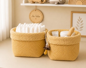 Utensilo Senfgelb - Aufbewahrungskorb aus Waffelstoff / Stoffkorb für Babytimmer, Wickeltisch und Badezimmer / Handgefertigt