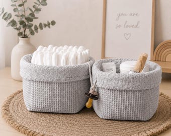 Utensilo grau - Aufbewahrungskorb aus Waffelstoff / Stoffkorb für Babytimmer, Wickeltisch und Badezimmer / Handgefertigt