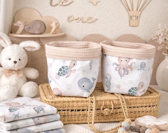 Utensil holder, basket with sea creatures design, waffle pique, light beige