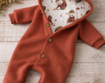 Walkoverall Baby aus Wollwalk mit Kapuze / gefütterter Overall / Baby & Kleinkinder Walkanzug / verschiedene Farben kleiner Igel
