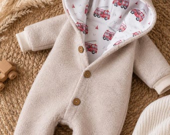 Walkoverall Baby aus Wollwalk mit Kapuze / gefütterter Overall / Baby & Kleinkinder Walkanzug / verschiedene Farben Feuerwehr