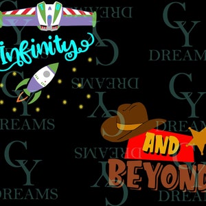 May include: A black background with a blue and green spaceship, a rocket, and a cowboy hat. The text "infinity" and "and beyond" are in the image.