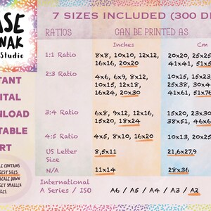K&ouml;nnte beinhalten: Eine rosa-wei&szlig;e Grafik mit dem Text "Yase Minnak Print Studio" und "Sofortiger digitaler Download Druckbarer Kunst". Die Grafik listet 7 Gr&ouml;&szlig;en druckbarer Kunst in Zoll und Zentimetern auf, darunter die Verh&auml;ltnisse 1:1, 2:3, 3:4, 4:5, die Gr&ouml;&szlig;e US Letter und die internationalen Gr&ouml;&szlig;en der A-Serie / ISO.