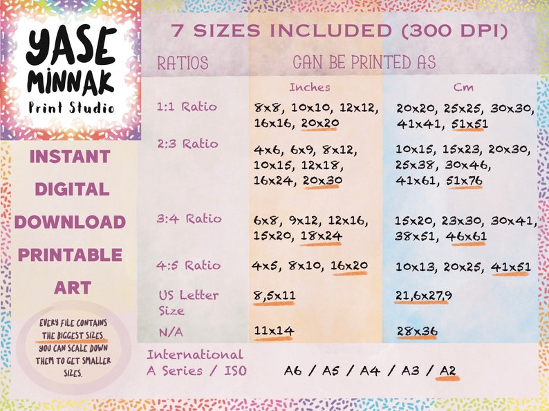 K&ouml;nnte beinhalten: Eine rosa-wei&szlig;e Grafik mit dem Text "Yase Minnak Print Studio" und "Sofortiger digitaler Download Druckbarer Kunst". Die Grafik listet 7 Gr&ouml;&szlig;en druckbarer Kunst in Zoll und Zentimetern auf, darunter die Verh&auml;ltnisse 1:1, 2:3, 3:4, 4:5, die Gr&ouml;&szlig;e US Letter und die internationalen Gr&ouml;&szlig;en der A-Serie / ISO.