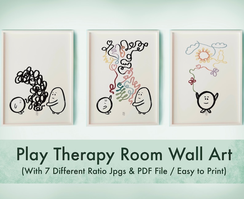 May include: Three framed illustrations featuring black line drawings of cartoon characters and colourful abstract shapes. The illustrations are on a white background and are framed in white frames. The text "Play Therapy Room Wall Art" is at the bottom of the image.