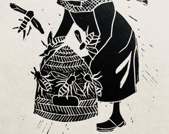 De originele handgeperste linosnede van de imker