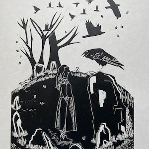 The Conversation original hand pressed Lino Print: Avebury Stonehenge Stone mythical Circle Art, crows, rooks