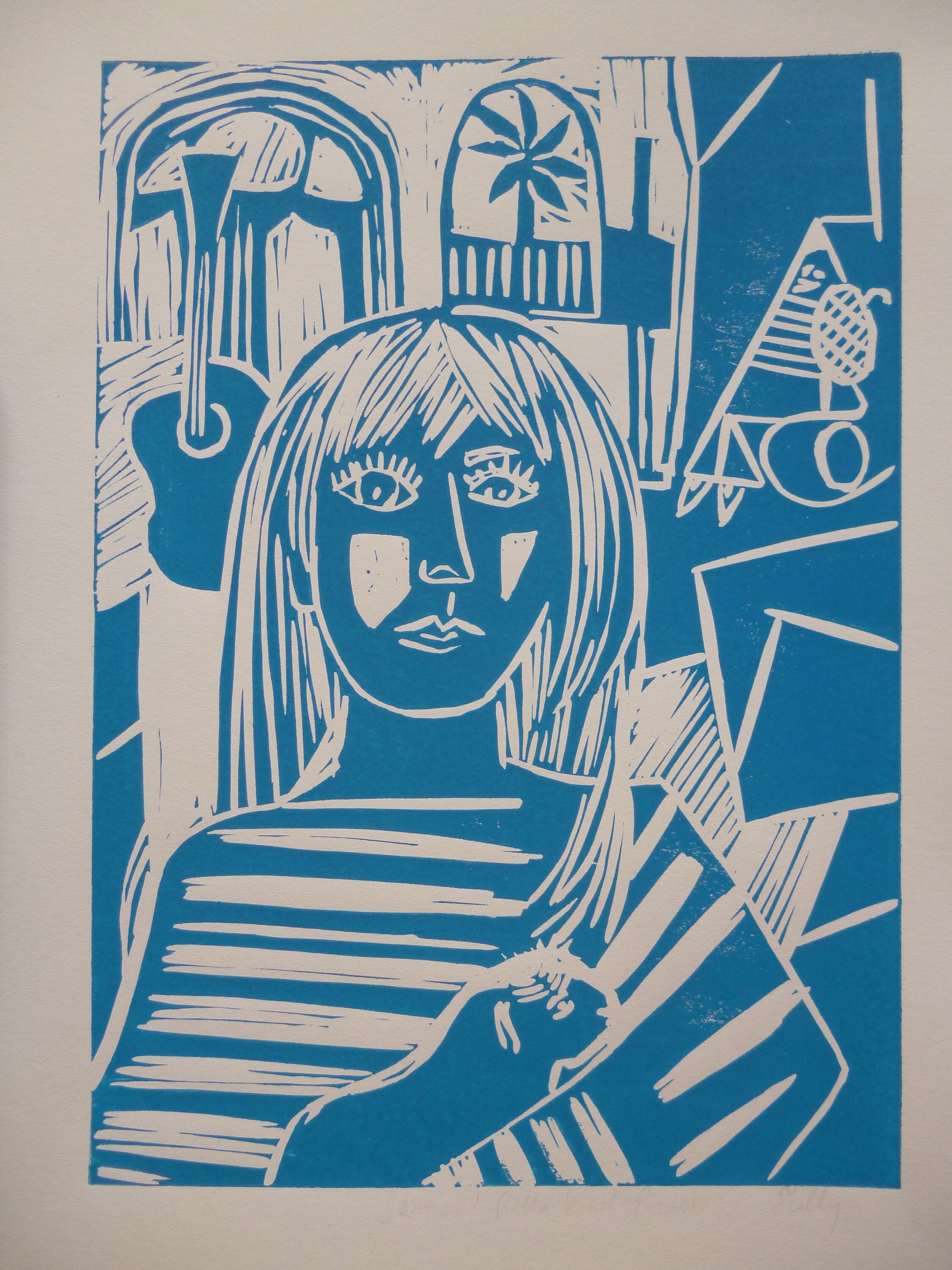 Girl and Guinea Pig Visit Picasso's Studio, Original Lino Print