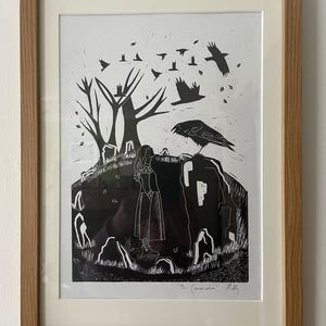The Conversation original hand pressed Lino Print: Avebury Stonehenge Stone mythical Circle Art, crows, rooks