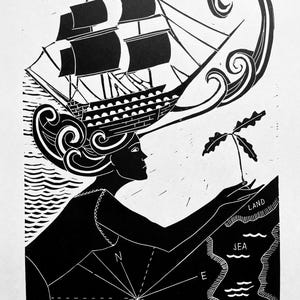 May include: A monochrome linocut print depicting a woman with a ship above her head, holding a small plant. A map with a compass rose, land, and sea is in the foreground. The text "from tiny acorn, mighty ships" is at the bottom.
