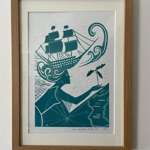 From tiny acorns, Mighty ships original hand pressed Linocut print sea nautical tattoo art