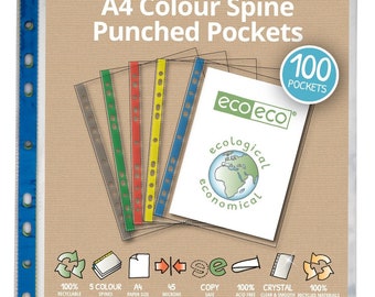 Eco-Eco A4 Coloured Spine Punched Pockets 100% Recycled  (Pack of 100) ECO093