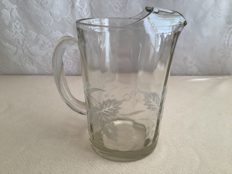 Vintage Clear Glass Beverage Pitcher with Etched Frosted Floral Design - Thumbnail 4