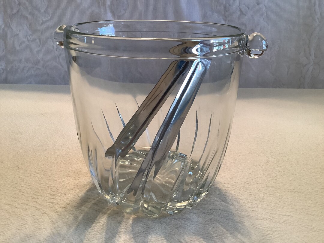 Vintage Clear Glass Ice Bucket With Metal Tongs Etsy