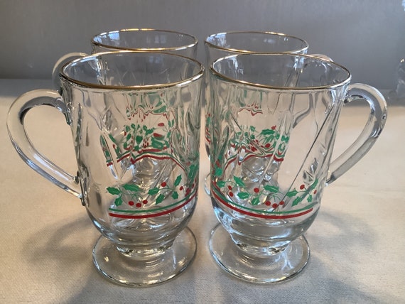 Vintage Libbey Holly and Berry Glass Coffee Mugs set of 2 