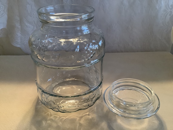Vintage KIG Indonesia Clear Glass Cookie Jar or Canister With Lid Embossed  With a Fruit Design 