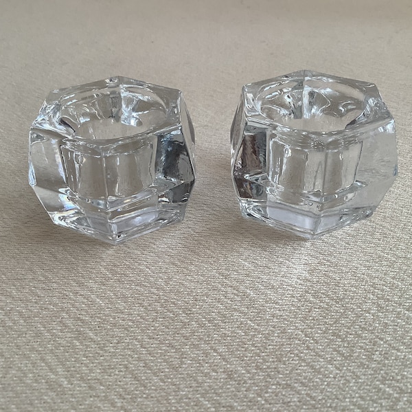 Vintage St George Crystal Toscany Classic 24% lead crystal stackable clear crystal taper candle holder in a cube shape.  Set of 2 holders