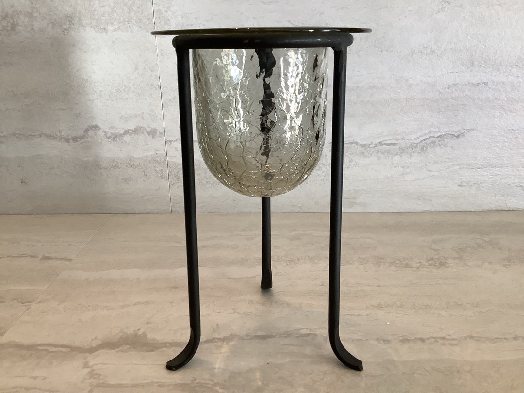 Vintage Crackle Glass Bowl and Black Metal Stand for Candles, Potpourri