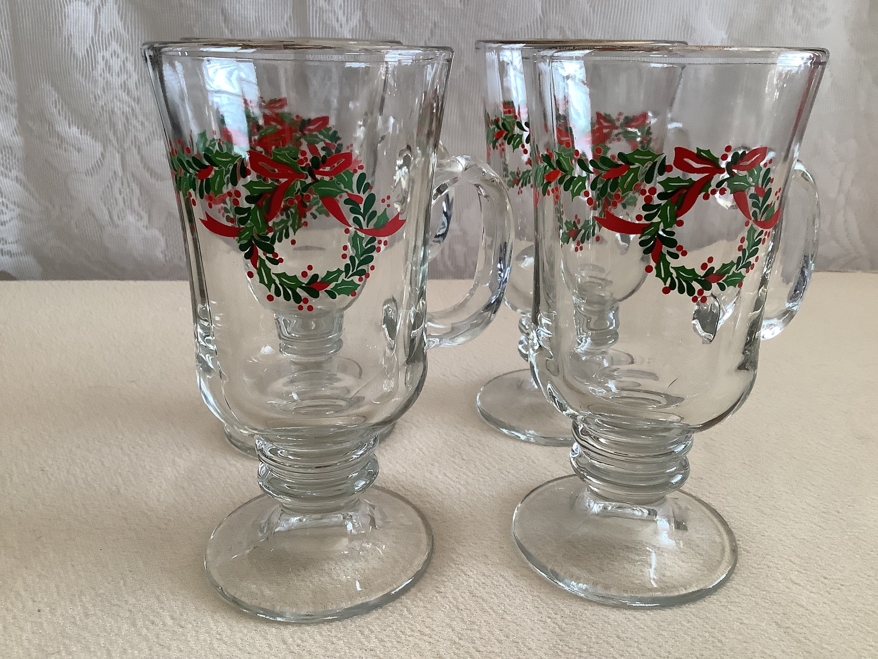Vintage Libbey Christmas Mugs, holly Ribbon Pattern, Clear Thick Glass Mugs/ cups, Hot or Cold Drink, USA, Mint Condition, 1980s 
