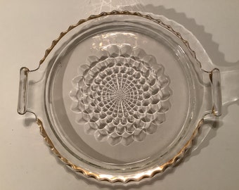 Vintage Jeannette Glass 8 inch clear glass round clear glass handled cube serving platter with gold rim