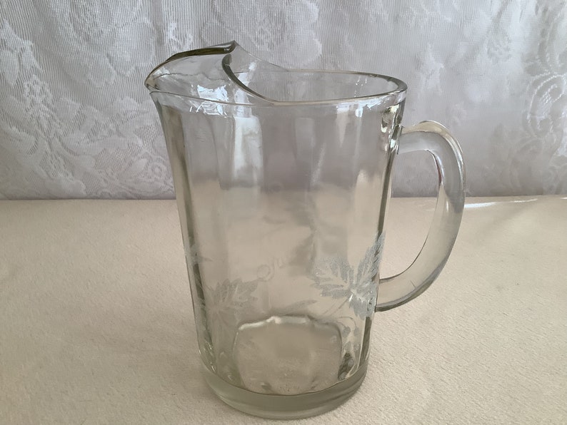 Vintage Clear Glass Beverage Pitcher with Etched Frosted Floral Design - Thumbnail 3