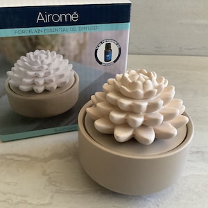 May include: A beige porcelain essential oil diffuser shaped like a succulent plant. The diffuser has a white ceramic flower on top and the words "Airome" and "Porcelain Essential Oil Diffuser" are printed on the box.