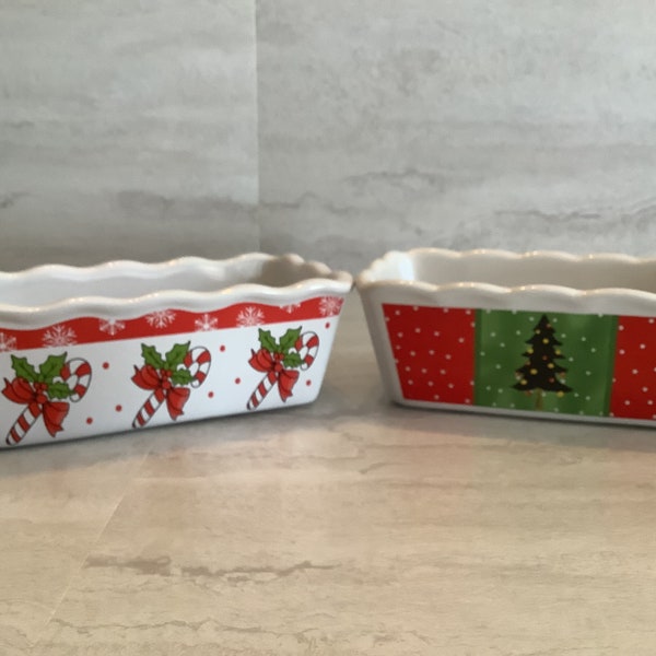 Vintage Old Time Pottery white ceramic Christmas Holiday mini loaf baking pan with Christmas design.  Set of 2 mini loaf pans