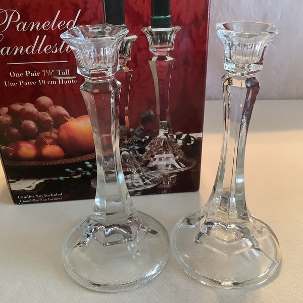 Vintage Indiana Glass Paneled pattern clear crystal taper candlestick holder in a panel design.  Set of 2 holders