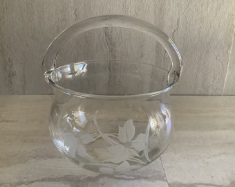 Vintage unknown manufacturer clear glass bridal basket or candy basket with an etched floral design
