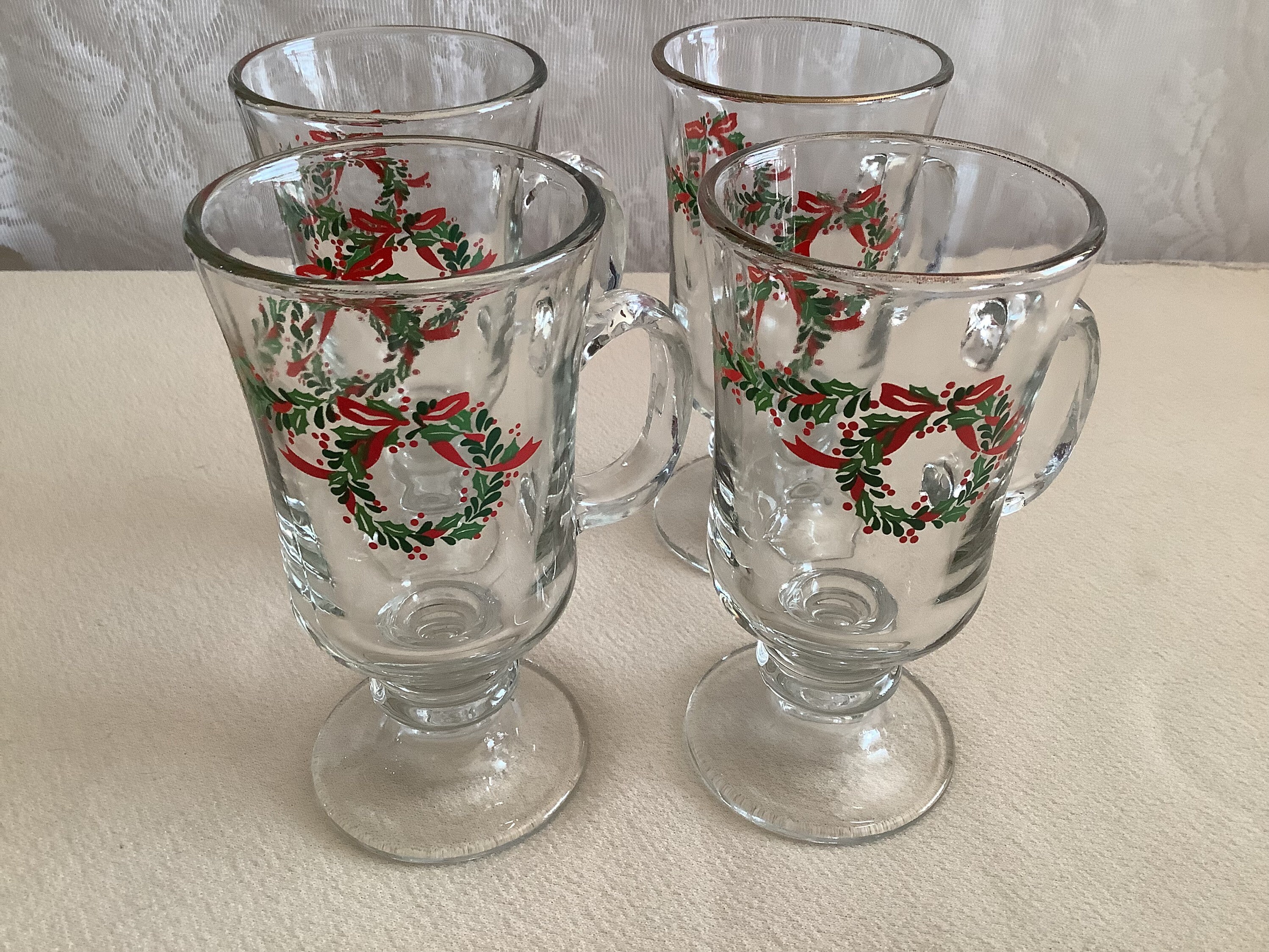 Libbey Irish Coffee Mug - Green & Red Holly - Red Ribbon - Price for Pair  on eBid United States