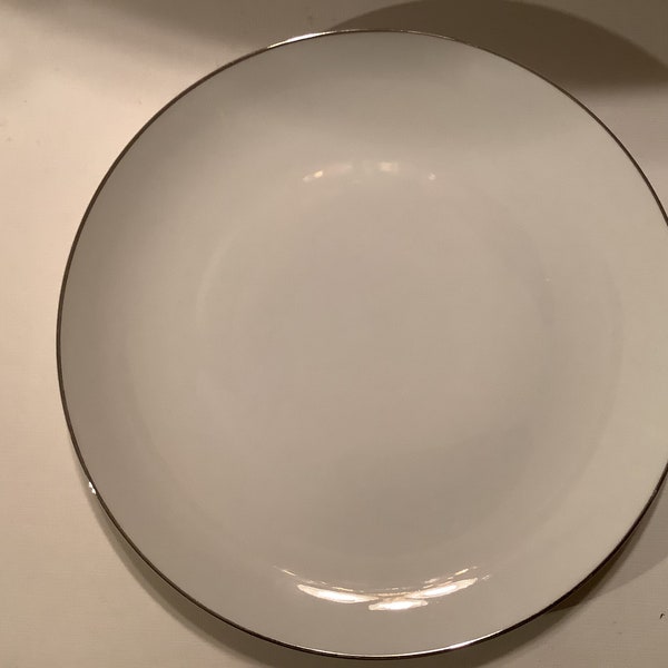 Vintage Style House China Platinum Ring pattern dinner plate.  White, coupe platinum rim.  Made in Japan