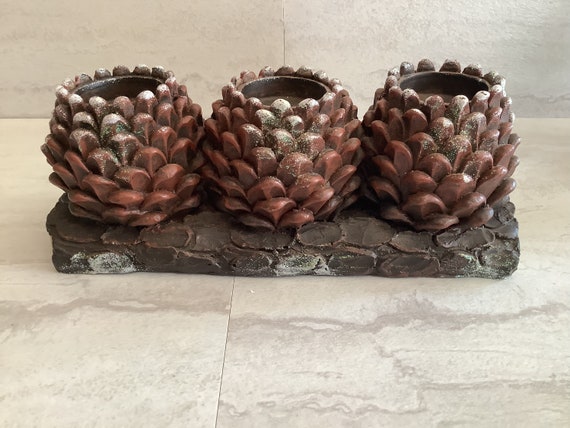 Vintage Christmas Holiday Pine Cone Resin Decoration and Tea Light Candle  Holder. Three Pine Cones on Faux Half Log With Metal Inserts 