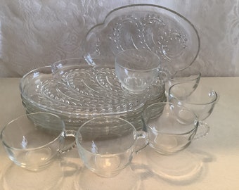 Vintage Federal Glass Homestead pattern snack plate in clear plant design and clear cup.  Set of 6 plates and 6 cups