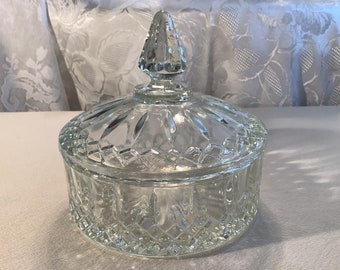 Vintage Indiana Glass Princess Clear Pattern Giftware candy box and lid. Pressed clear glass with crisscross and vertical lines.