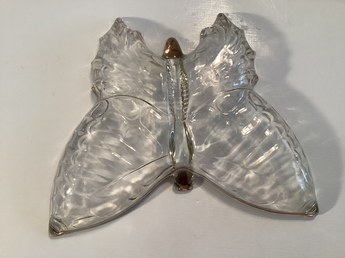 Vintage Glass Butterfly Shaped Divided Candy Dish With Gold