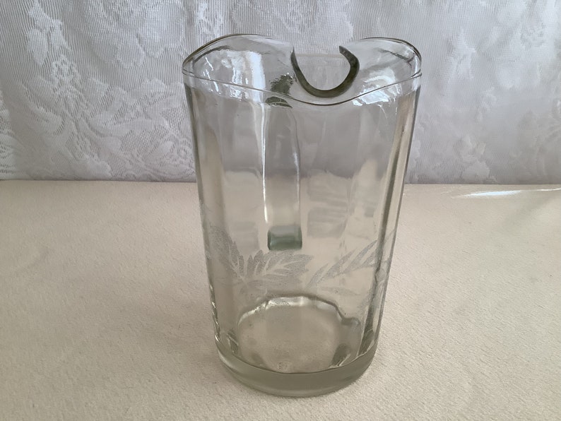 Vintage Clear Glass Beverage Pitcher with Etched Frosted Floral Design - Thumbnail 2