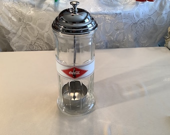 Vintage Gibson Designs Coca Cola glass and metal straw holder/dispenser