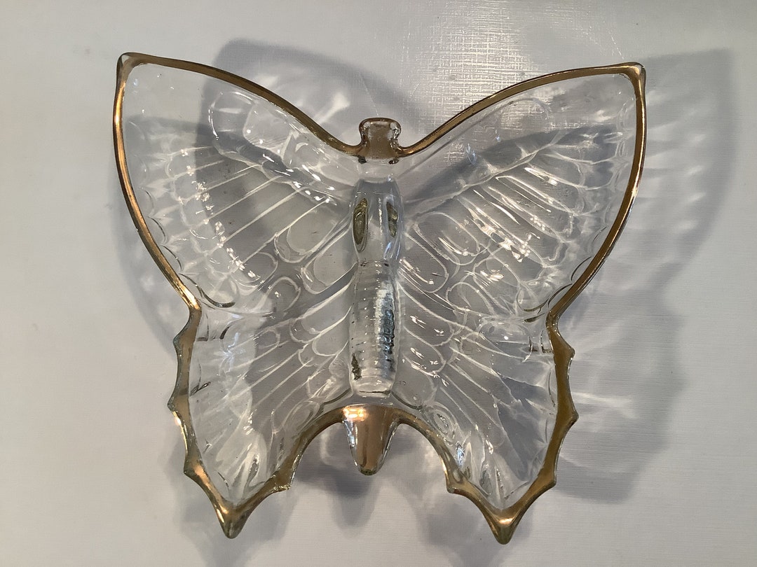 Vintage Glass Butterfly Shaped Divided Candy Dish With Gold