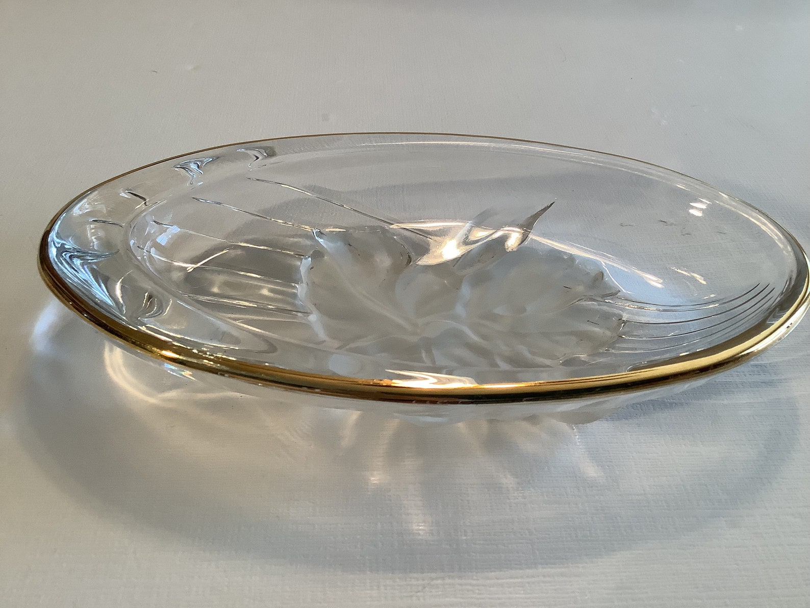 Vintage Studio Nova Japan Clear Crystal Oval Candy Bowl or Trinket Box With Frosted, Etched Iris