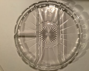 Divided Relish Tray Plate Dish 5  Sections Glass Circle Vintage Round Starburst with Scalloped Edges