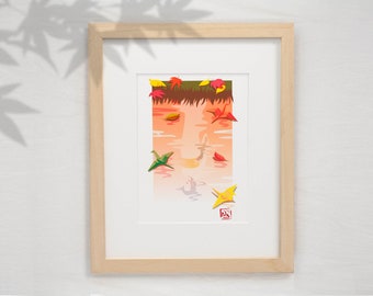 Art print on Japanese Seasons, Origami on lake in autumn, limited edition.
