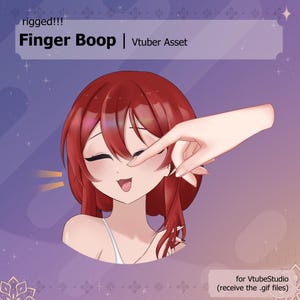 Puede incluir: Ilustración digital de un personaje de dibujos animados con cabello rojo y ojos cerrados, siendo tocado juguetonamente en la nariz por una mano. El texto "Finger Boop | Vtuber Asset" se muestra encima del personaje. Para VtubeStudio.