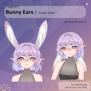 May include: Digital asset showing a character with lavender hair and bunny ears. The image includes the text "Bunny Ears | Vtuber Asset" and "with Brow Movement!" The asset is designed for VtubeStudio and is ready to use with .moc files.