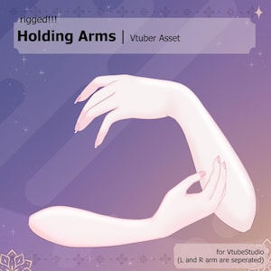 May include: Digital illustration of two stylized arms in a holding pose, with the text "Holding Arms | Vtuber Asset". The arms are pale with pink nails, set against a purple and blue gradient background. The text "rigged!!!" is at the top.