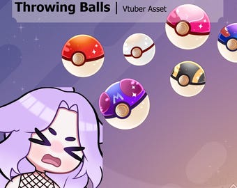 Puede incluir: Una colección de bolas de lanzamiento coloridas, cada una con un diseño y acentos únicos. Las bolas son rojas, blancas, rosas, negras y moradas, con detalles dorados y marrones. El texto "Throwing Balls | Vtuber Asset" se muestra en la parte superior.