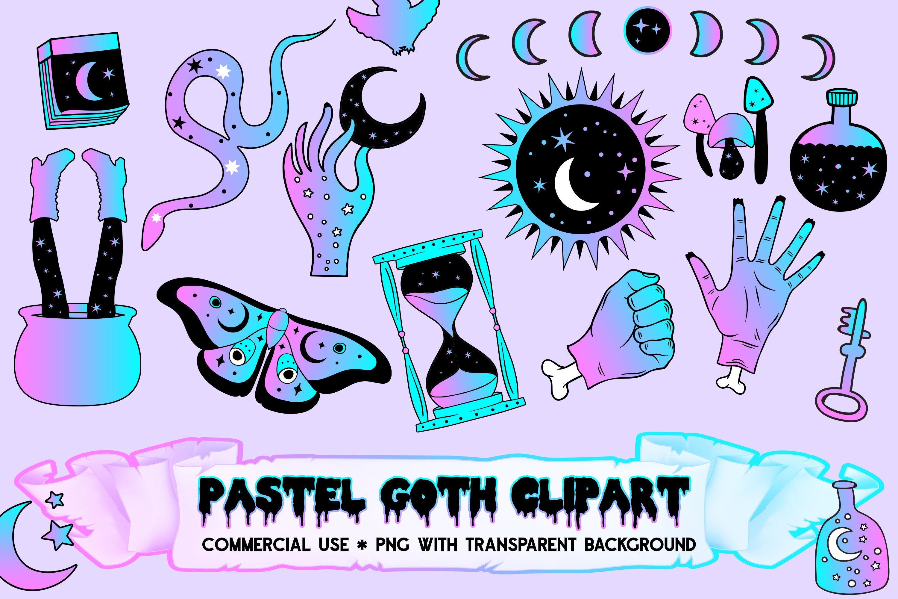 53 Creepy Cute Pastel Goth Witch Clipart Graphics Cute Etsy